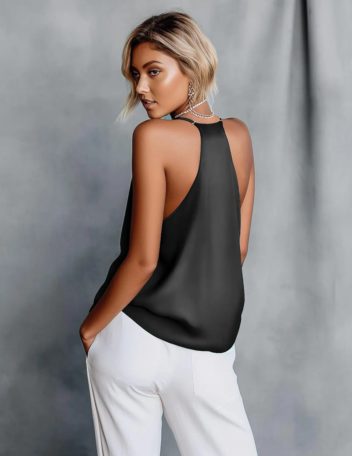 Ekouaer Women's Silk Satin Camisole Tank Tops V Neck Sleeveless Spaghetti Straps Blouse Casual Racerback Shirt