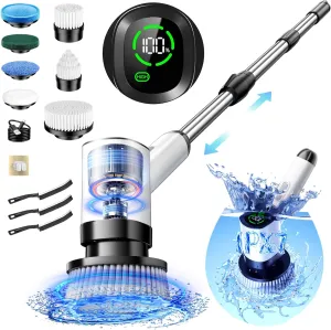 Electric Spin Scrubber, IPX7 Waterproof Cordless Power Shower Scrubber with Extension Handle, 7 Replaceable Brush Head&3 Bristle Crevice Brushes, 2 Speeds Power Scrubber for Bathroom, Kitchen Cleaning