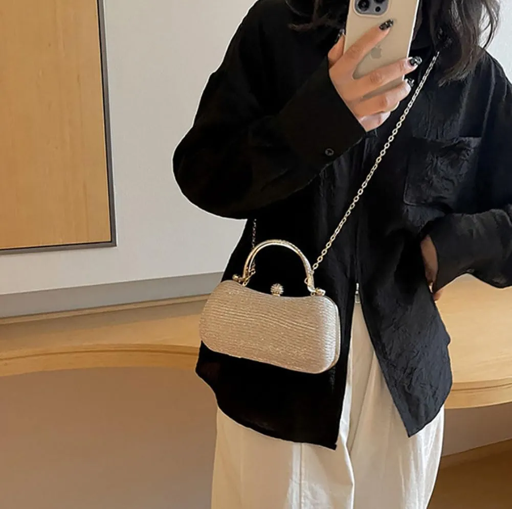 Elegant Evening Clutch Purse with Rhinestone Handle, Gold Chain Strap, 7.8 x 3.9 x 3.1 inches