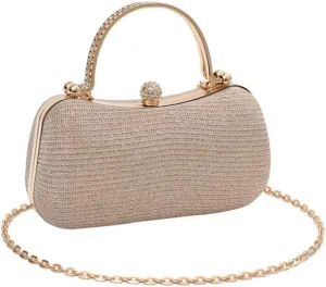 Elegant Evening Clutch Purse with Rhinestone Handle, Gold Chain Strap, 7.8 x 3.9 x 3.1 inches