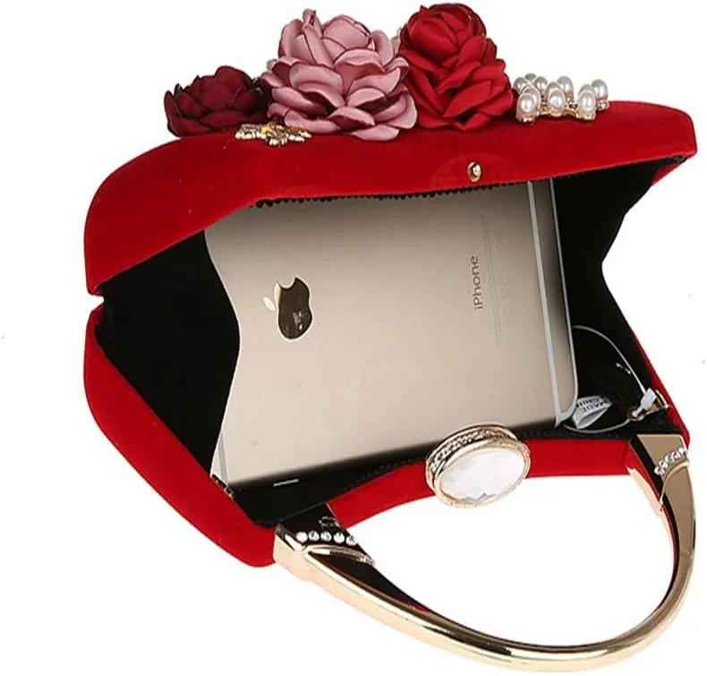 ELEOPTION® Women's Flower Evening Bag Clutch Purse Handbag Metal Frame Large Clutch Bag Wedding Hand Bag Carved Handle