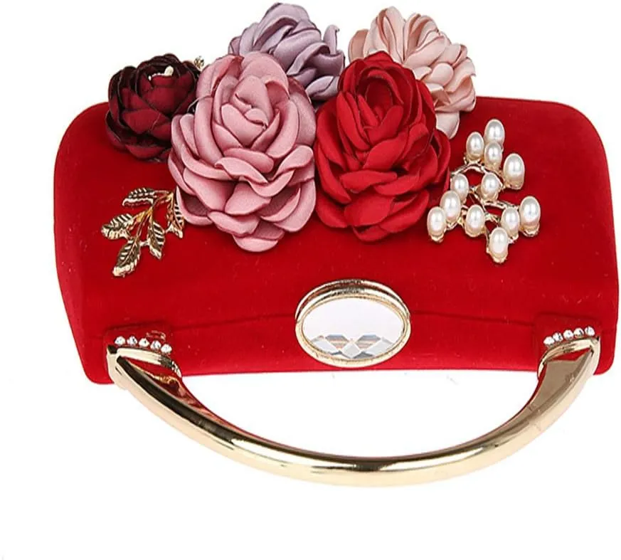 ELEOPTION® Women's Flower Evening Bag Clutch Purse Handbag Metal Frame Large Clutch Bag Wedding Hand Bag Carved Handle