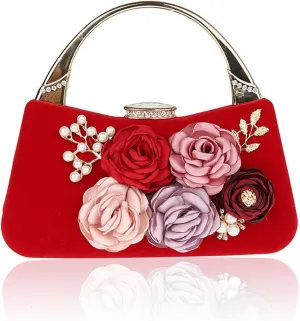 ELEOPTION® Women's Flower Evening Bag Clutch Purse Handbag Metal Frame Large Clutch Bag Wedding Hand Bag Carved Handle