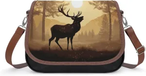 Elk Artwork Leather Shoulder Bag for Women Classic Crossbody Purse Leather Tote Bag Handbag Purse Small Shoulder Bags for Shopping