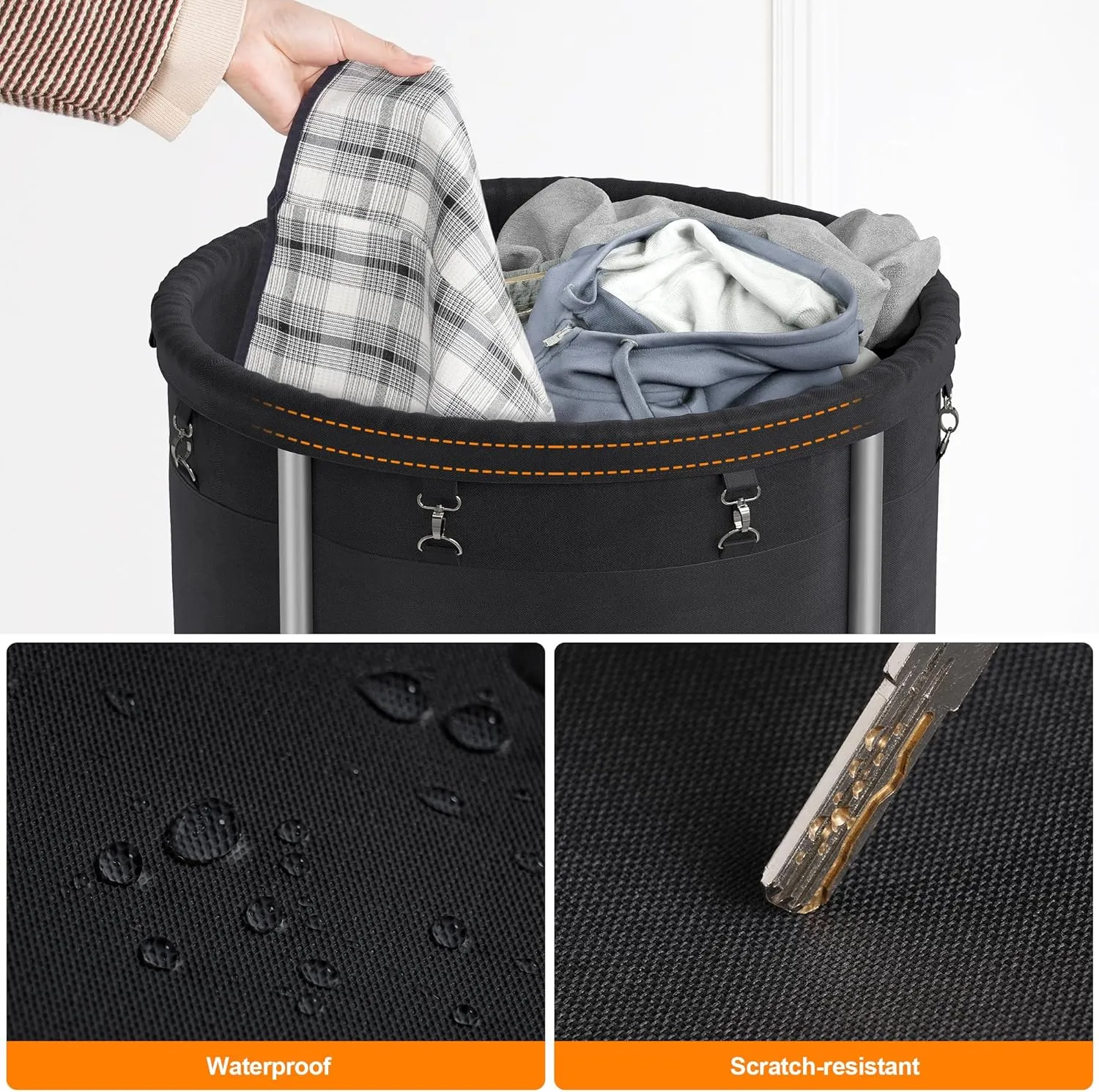 ELYKEN Laundry Hamper on Wheels, 23.6" Diameter 170L Large Capacity Laundry Basket with Removable Liner Bag, Easy Rolling Clothes Cart with 4 Casters and 2 Brakes, Sturdy Metal Frame, Black