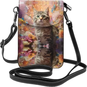 Energetic cat Lightweight leather crossbody phone bag, women's shoulder bag cell phone wallet, travel bag with credit card slots,