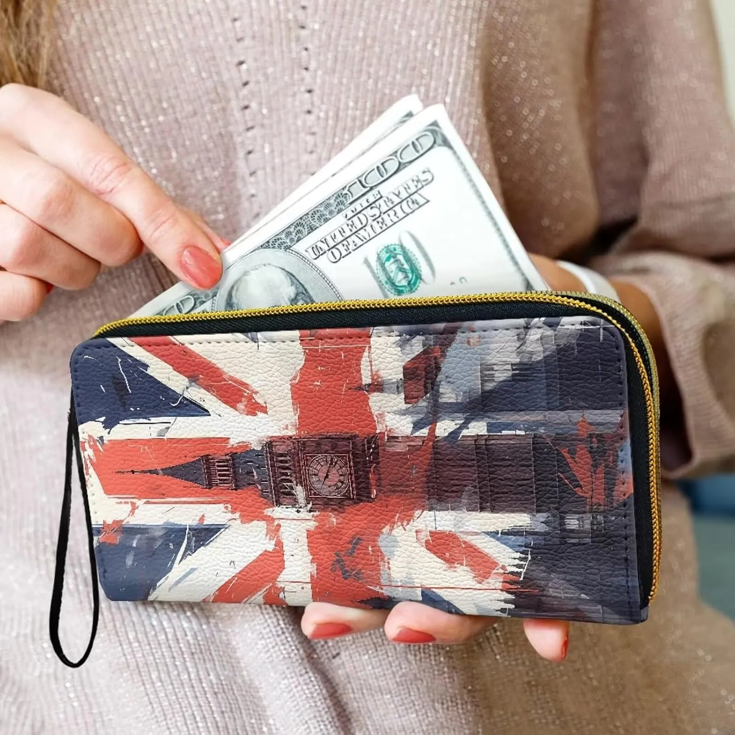 England London Print Wallets Women Union Jack Flag Phone Clutch with Wristlet, Painting Big Ben Printed Leather Long Zipper Cellphone Wallet Travel Purse