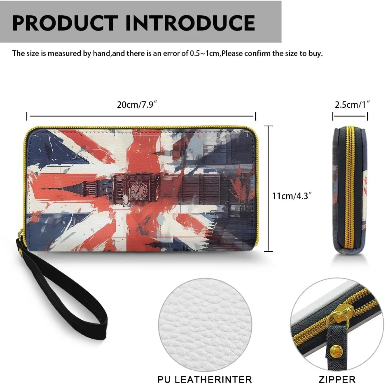England London Print Wallets Women Union Jack Flag Phone Clutch with Wristlet, Painting Big Ben Printed Leather Long Zipper Cellphone Wallet Travel Purse