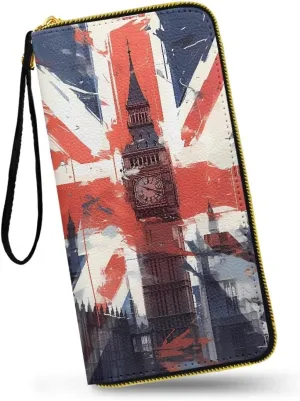England London Print Wallets Women Union Jack Flag Phone Clutch with Wristlet, Painting Big Ben Printed Leather Long Zipper Cellphone Wallet Travel Purse