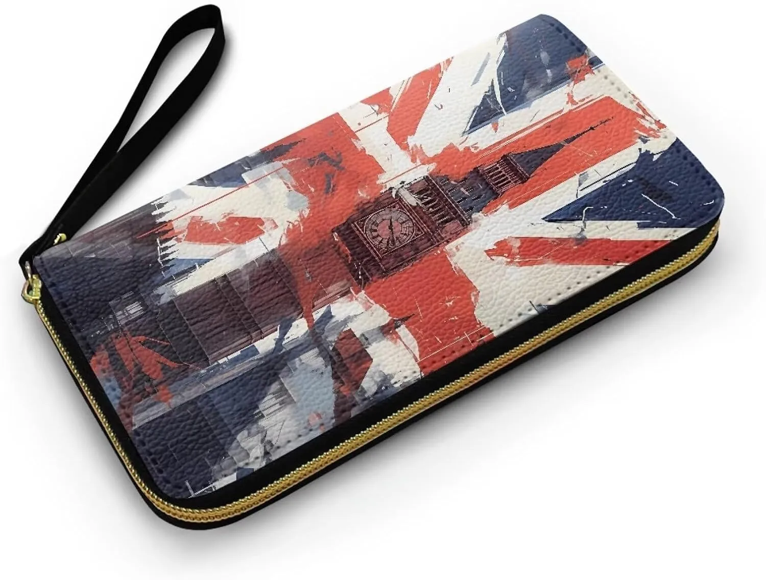 England London Print Wallets Women Union Jack Flag Phone Clutch with Wristlet, Painting Big Ben Printed Leather Long Zipper Cellphone Wallet Travel Purse