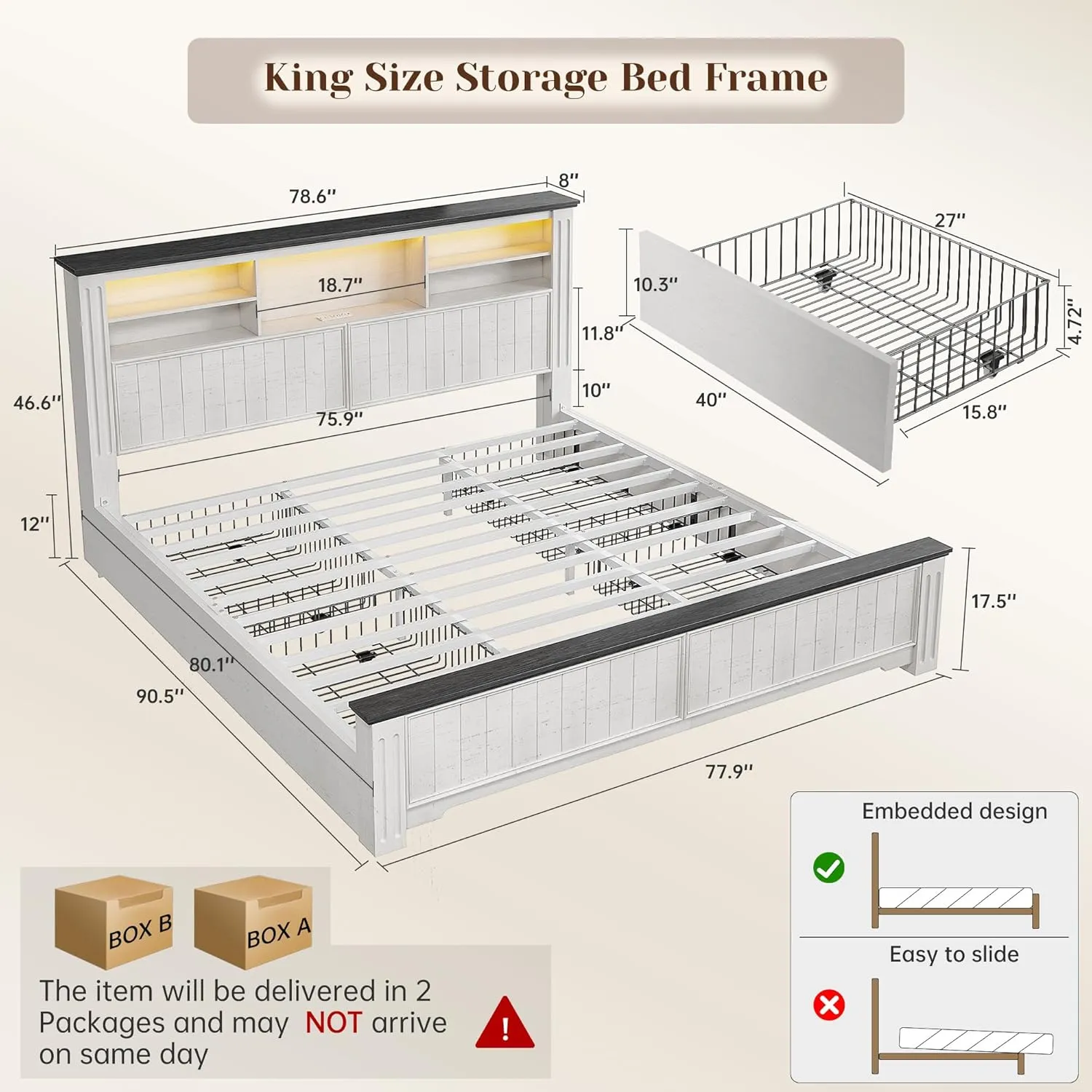 EnHomee King Size Bed Frame and Headboard & Storage, 4 Drawers & LED & USB King Bed Frame with Storage Farmhouse, Built in Charging Station,NO Noise,No Box Spring Needed,White