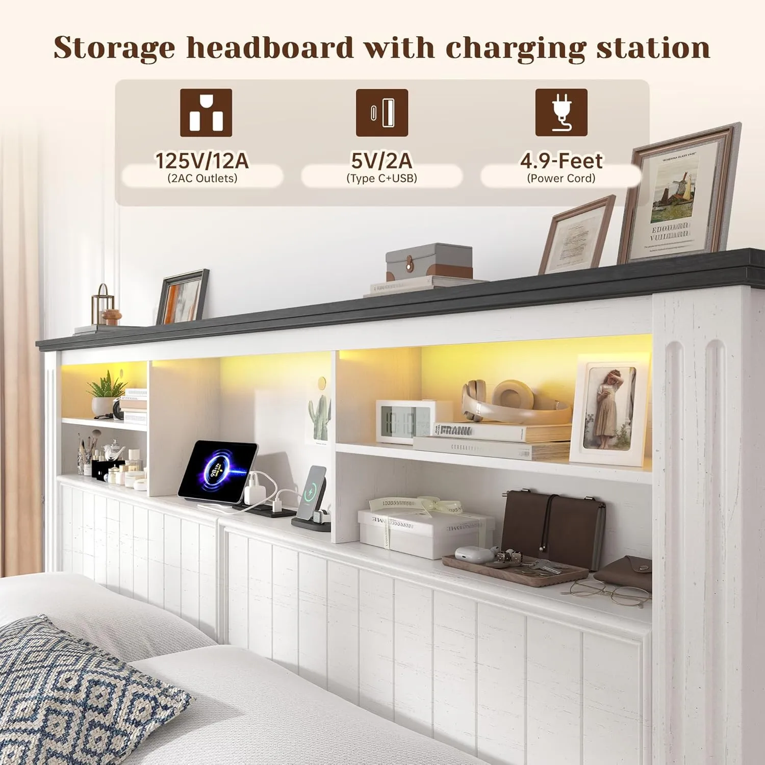 EnHomee King Size Bed Frame and Headboard & Storage, 4 Drawers & LED & USB King Bed Frame with Storage Farmhouse, Built in Charging Station,NO Noise,No Box Spring Needed,White