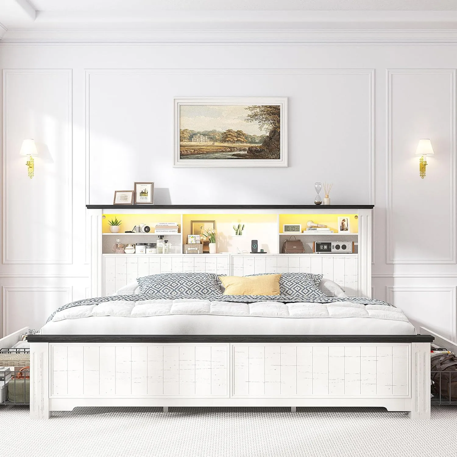 EnHomee King Size Bed Frame and Headboard & Storage, 4 Drawers & LED & USB King Bed Frame with Storage Farmhouse, Built in Charging Station,NO Noise,No Box Spring Needed,White