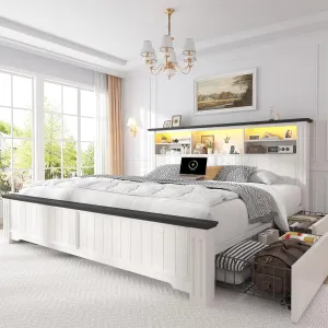 EnHomee King Size Bed Frame and Headboard & Storage, 4 Drawers & LED & USB King Bed Frame with Storage Farmhouse, Built in Charging Station,NO Noise,No Box Spring Needed,White