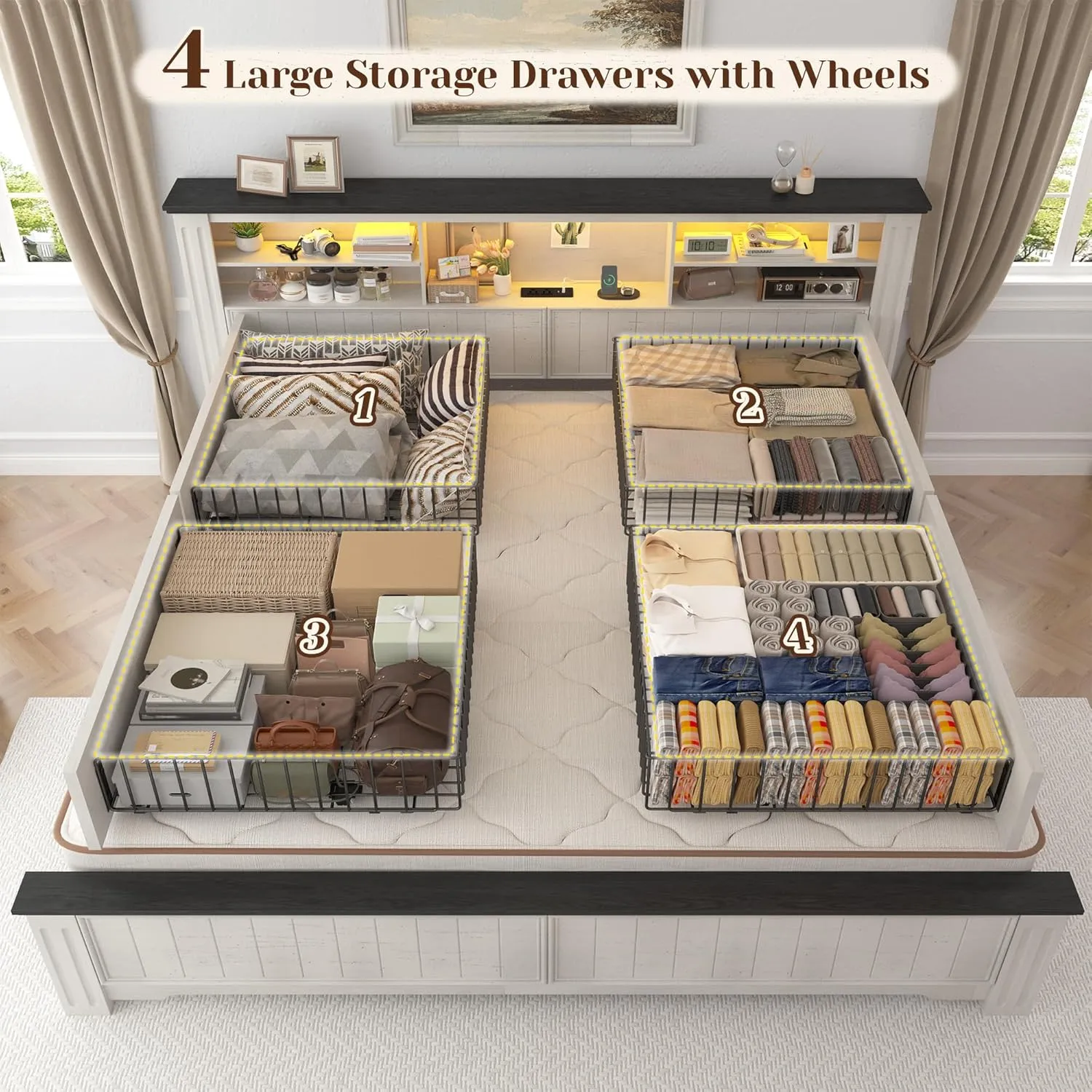 EnHomee King Size Bed Frame and Headboard & Storage, 4 Drawers & LED & USB King Bed Frame with Storage Farmhouse, Built in Charging Station,NO Noise,No Box Spring Needed,White