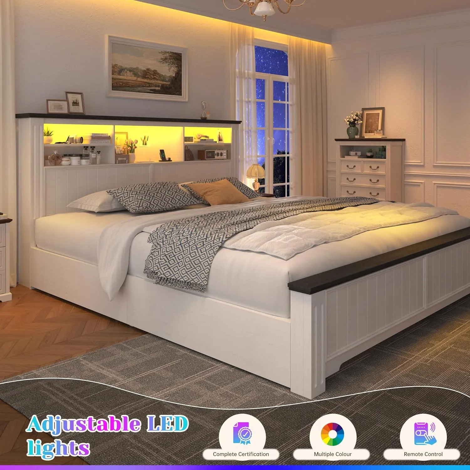 EnHomee King Size Bed Frame and Headboard & Storage, 4 Drawers & LED & USB King Bed Frame with Storage Farmhouse, Built in Charging Station,NO Noise,No Box Spring Needed,White