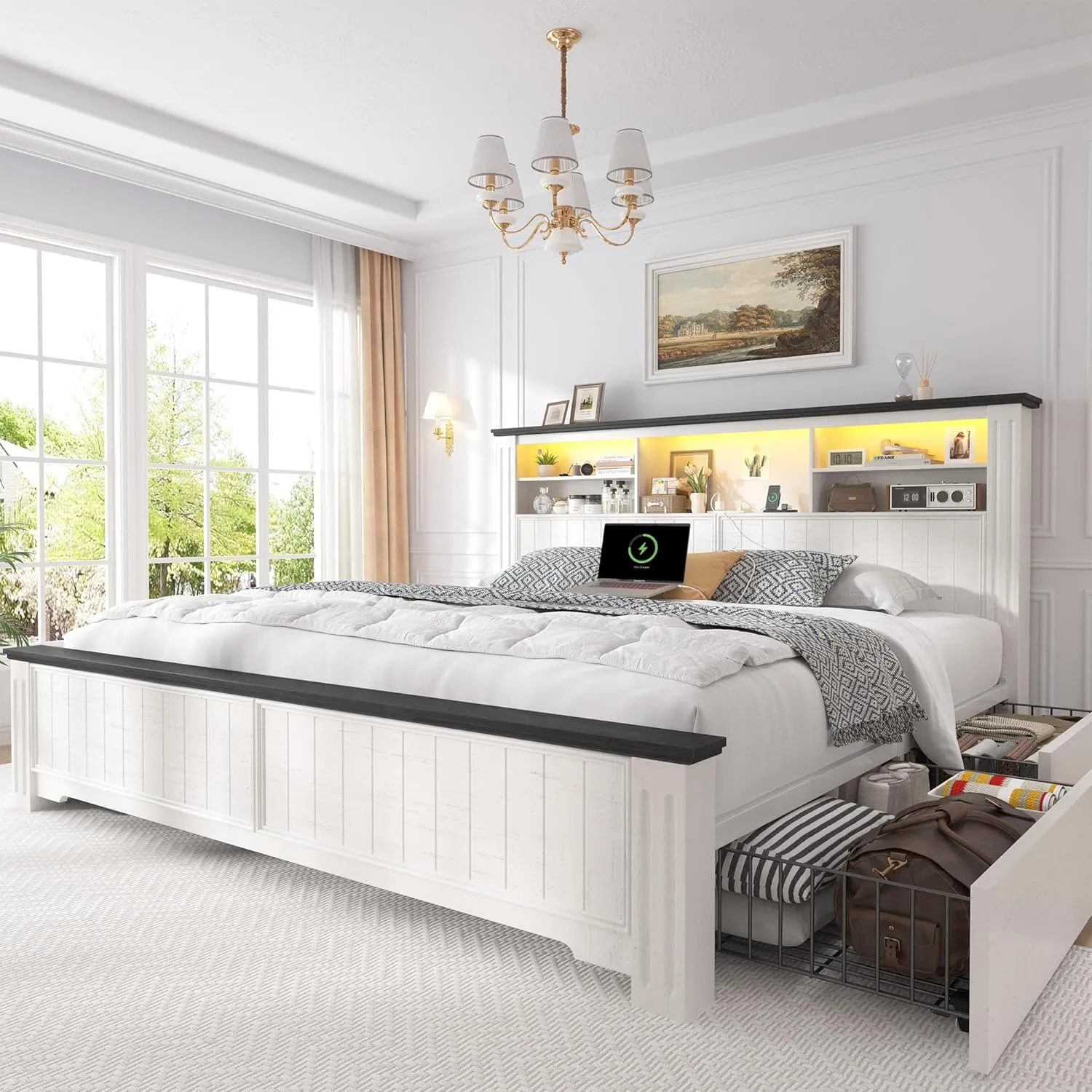 EnHomee King Size Bed Frame and Headboard & Storage, 4 Drawers & LED & USB King Bed Frame with Storage Farmhouse, Built in Charging Station,NO Noise,No Box Spring Needed,White