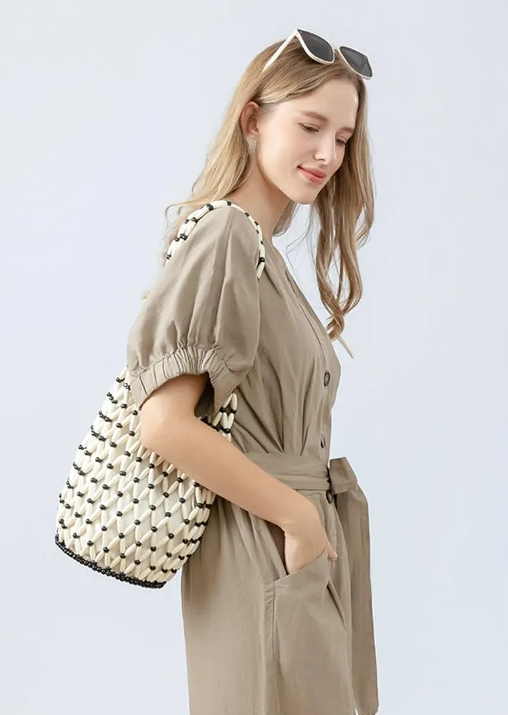 Epsion Women Retro Wooden Handbag Woven Bead Bucket Top handle Tote Bag Hollow Out Beach Casual Purse 2025