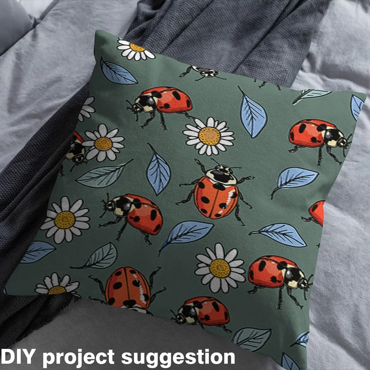 Erosebridal Cute Ladybug Fabric by The Yard, Wildlife Insect Decorative Fabric, Cartoon Daisy Indoor Outdoor Fabric, Green Blue Leaves Upholstery Fabric for Kids Teens, 1 Yard