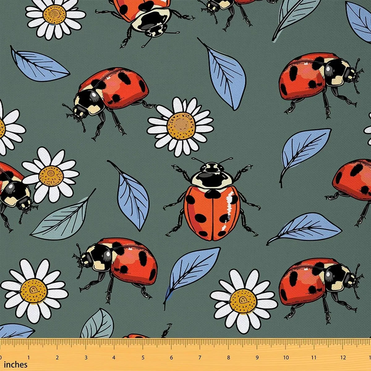 Erosebridal Cute Ladybug Fabric by The Yard, Wildlife Insect Decorative Fabric, Cartoon Daisy Indoor Outdoor Fabric, Green Blue Leaves Upholstery Fabric for Kids Teens, 1 Yard