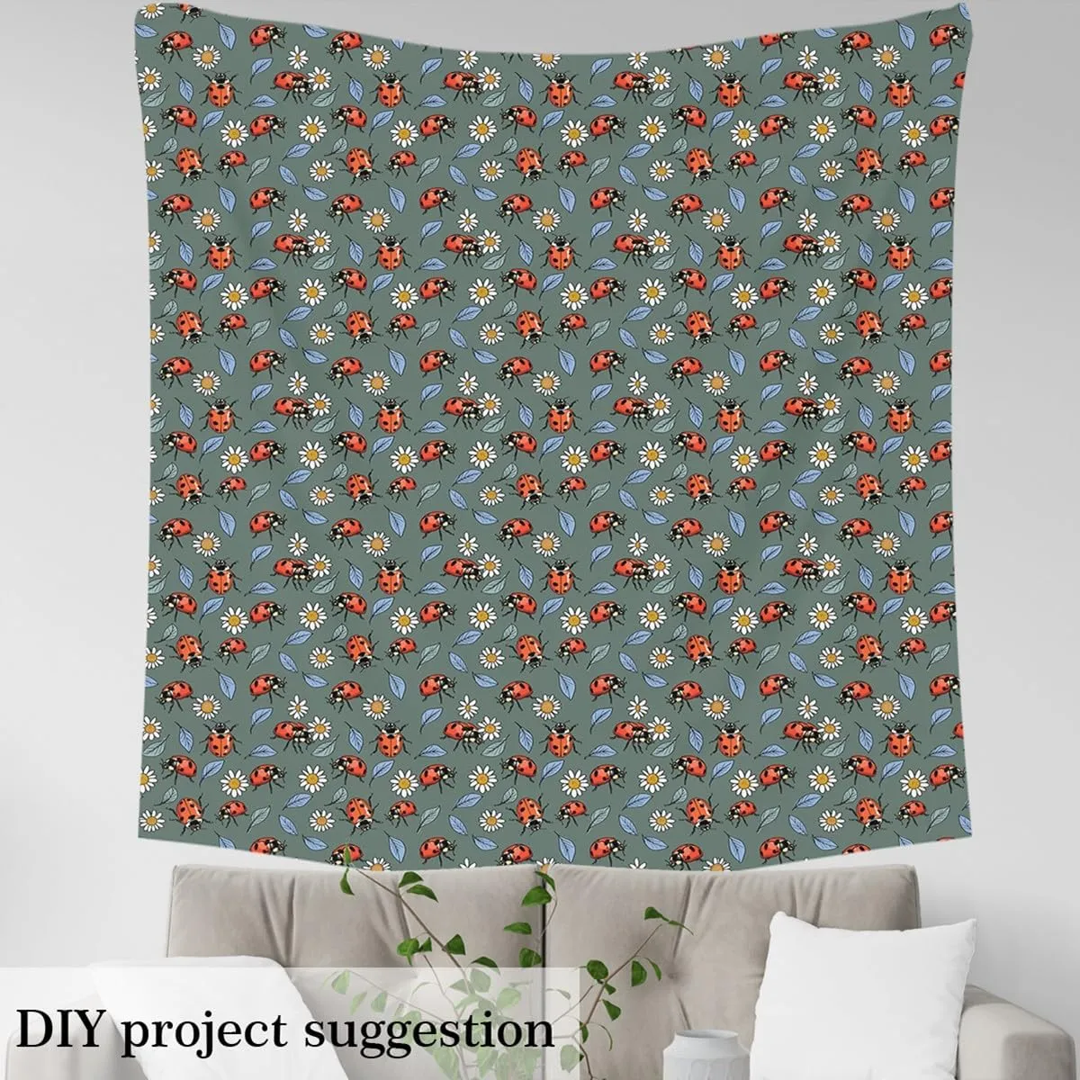 Erosebridal Cute Ladybug Fabric by The Yard, Wildlife Insect Decorative Fabric, Cartoon Daisy Indoor Outdoor Fabric, Green Blue Leaves Upholstery Fabric for Kids Teens, 1 Yard