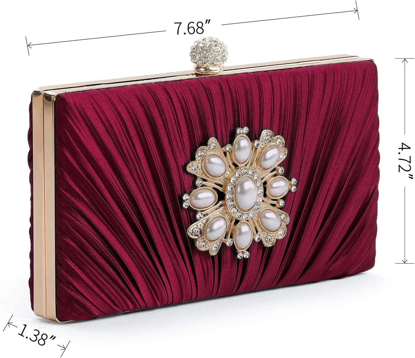 Evening Bags For Women Pleated Satin Rhinestone Brooch Clutch Purse With Detachable Chain Strap