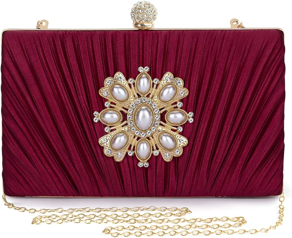 Evening Bags For Women Pleated Satin Rhinestone Brooch Clutch Purse With Detachable Chain Strap
