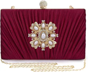 Evening Bags For Women Pleated Satin Rhinestone Brooch Clutch Purse With Detachable Chain Strap