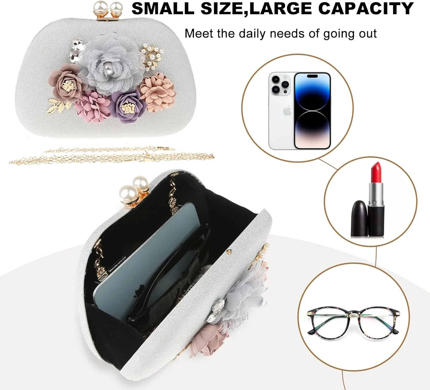 Evening HandBags for Women Flower Wedding Clutch Purse Satin Floral Ladies Party Crossbody Bag