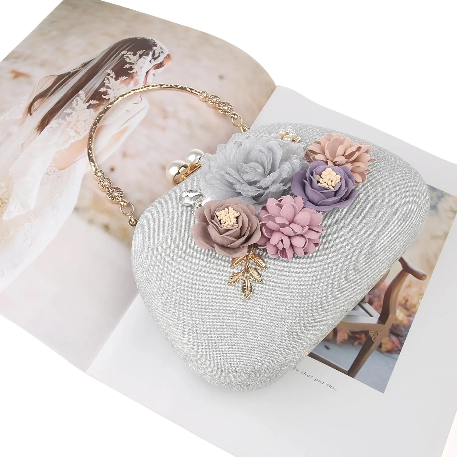 Evening HandBags for Women Flower Wedding Clutch Purse Satin Floral Ladies Party Crossbody Bag
