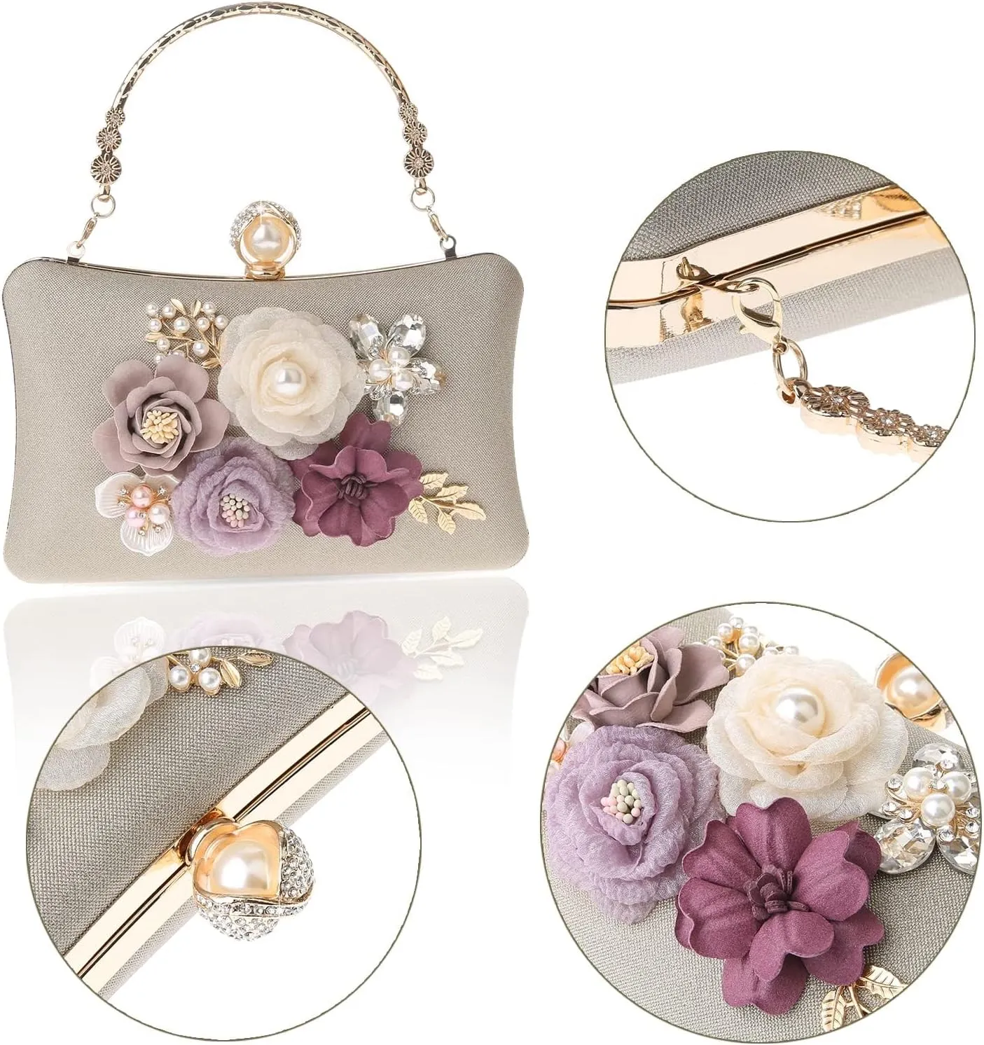 Evening HandBags for Women Flower Wedding Clutch Purse Satin Floral Ladies Party Crossbody Bag