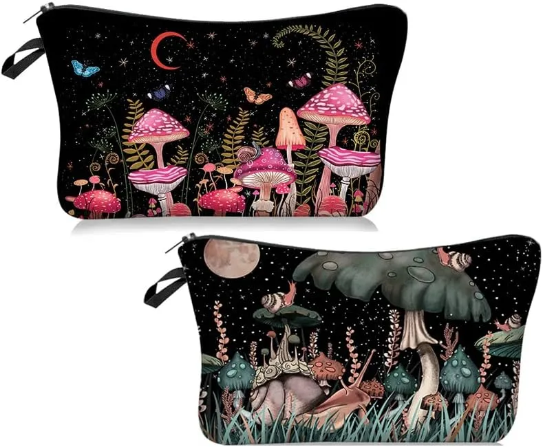 Evergoo 2 Pack Soft Makeup Bag for Purse, 3D Allover Printed Makeup Pouch with Zipper Cute Storage Washing Bag Small Pouch Gift for Women-Agaric