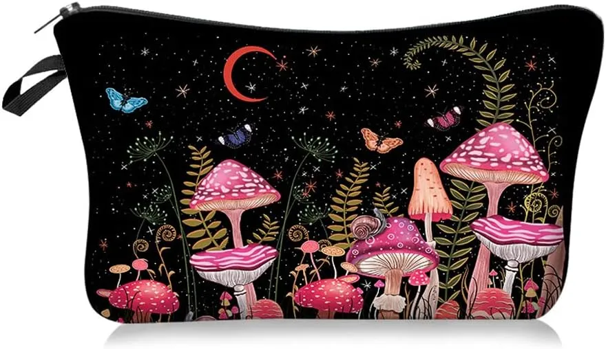 Evergoo 2 Pack Soft Makeup Bag for Purse, 3D Allover Printed Makeup Pouch with Zipper Cute Storage Washing Bag Small Pouch Gift for Women-Agaric