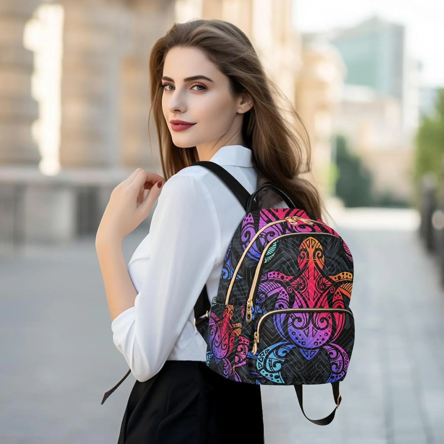 Exnundod Backpack Purse for Women Sea Turtle Multicolor, Mini Fashion Backpack Tribal Polynesian Style Lightweight Casual Daypack Shoulder Bag Travel Backpack, S