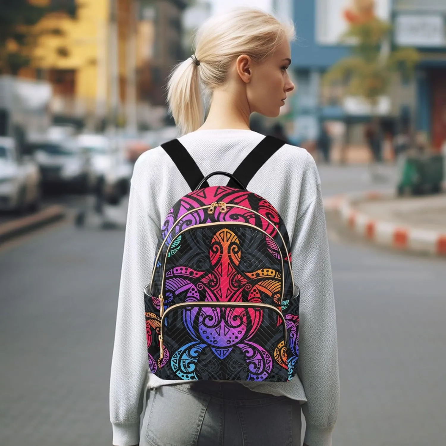 Exnundod Backpack Purse for Women Sea Turtle Multicolor, Mini Fashion Backpack Tribal Polynesian Style Lightweight Casual Daypack Shoulder Bag Travel Backpack, S