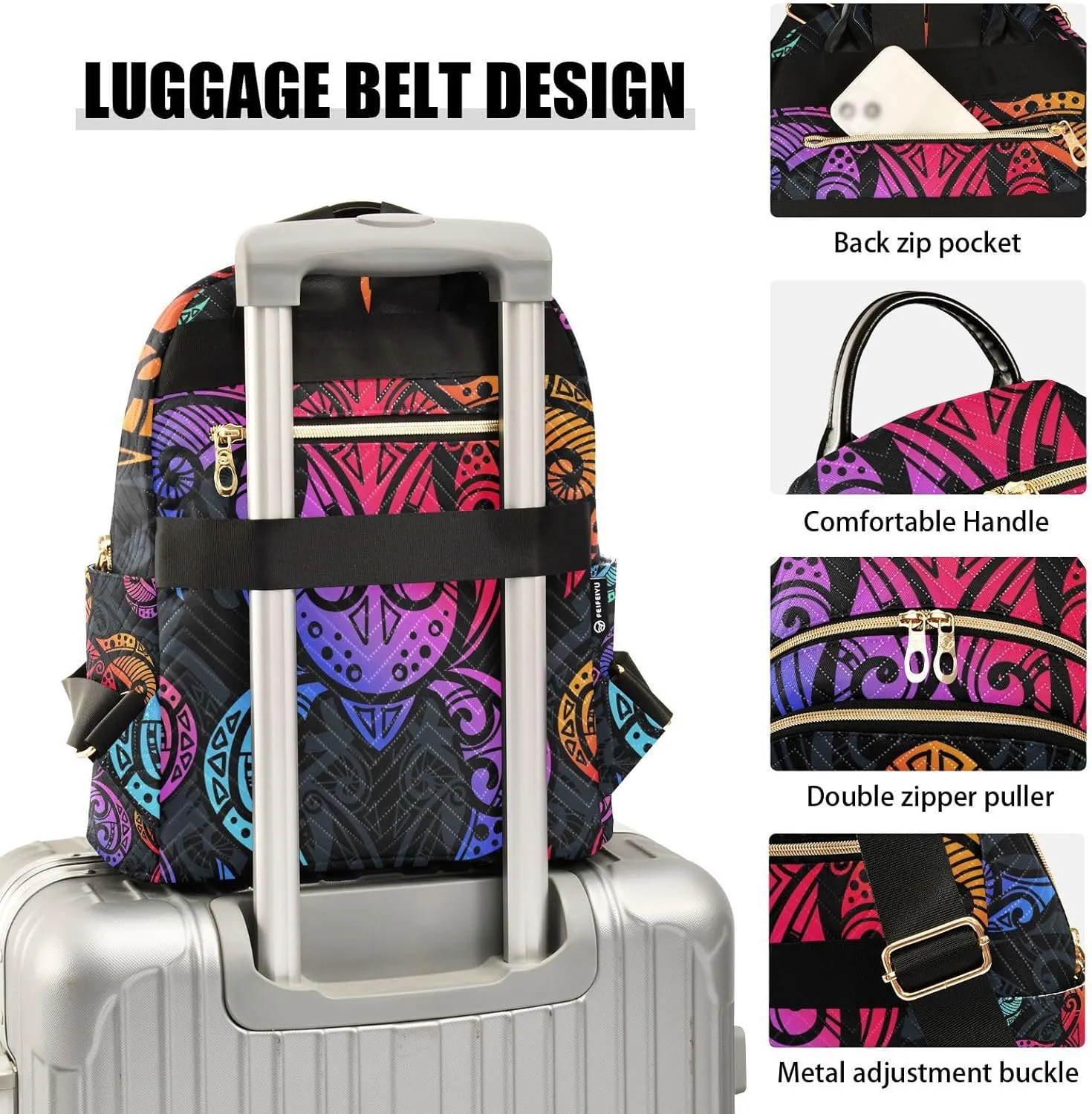 Exnundod Backpack Purse for Women Sea Turtle Multicolor, Mini Fashion Backpack Tribal Polynesian Style Lightweight Casual Daypack Shoulder Bag Travel Backpack, S