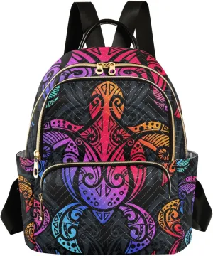 Exnundod Backpack Purse for Women Sea Turtle Multicolor, Mini Fashion Backpack Tribal Polynesian Style Lightweight Casual Daypack Shoulder Bag Travel Backpack, S