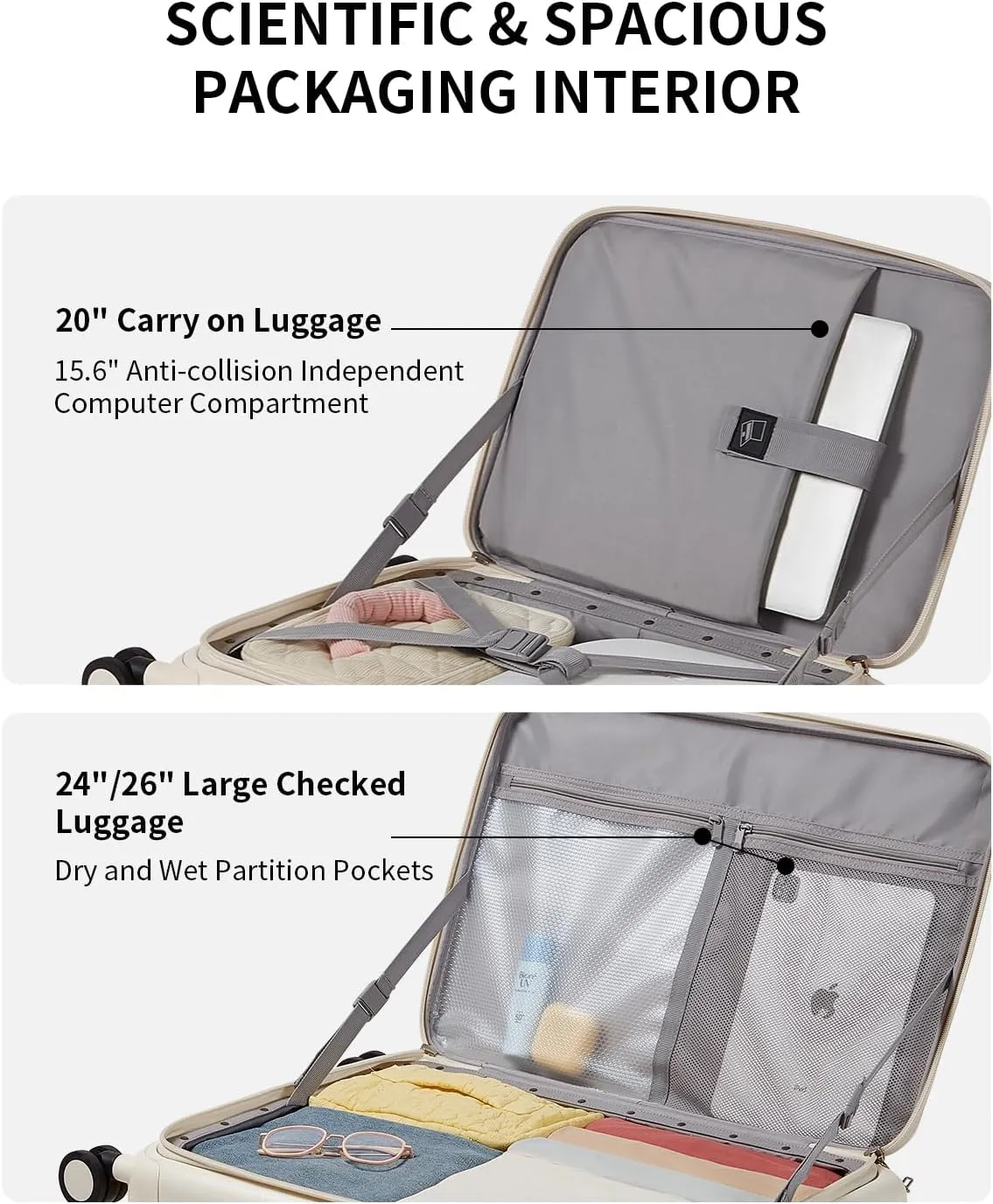 Expandable Top Open 24 Inch Checked Luggage with Spinner Wheels, Large Suitcase with TSA Lock, Hardside Travel Luggage Suitcases for Men Women, for 14 Days Travel, Coconut White