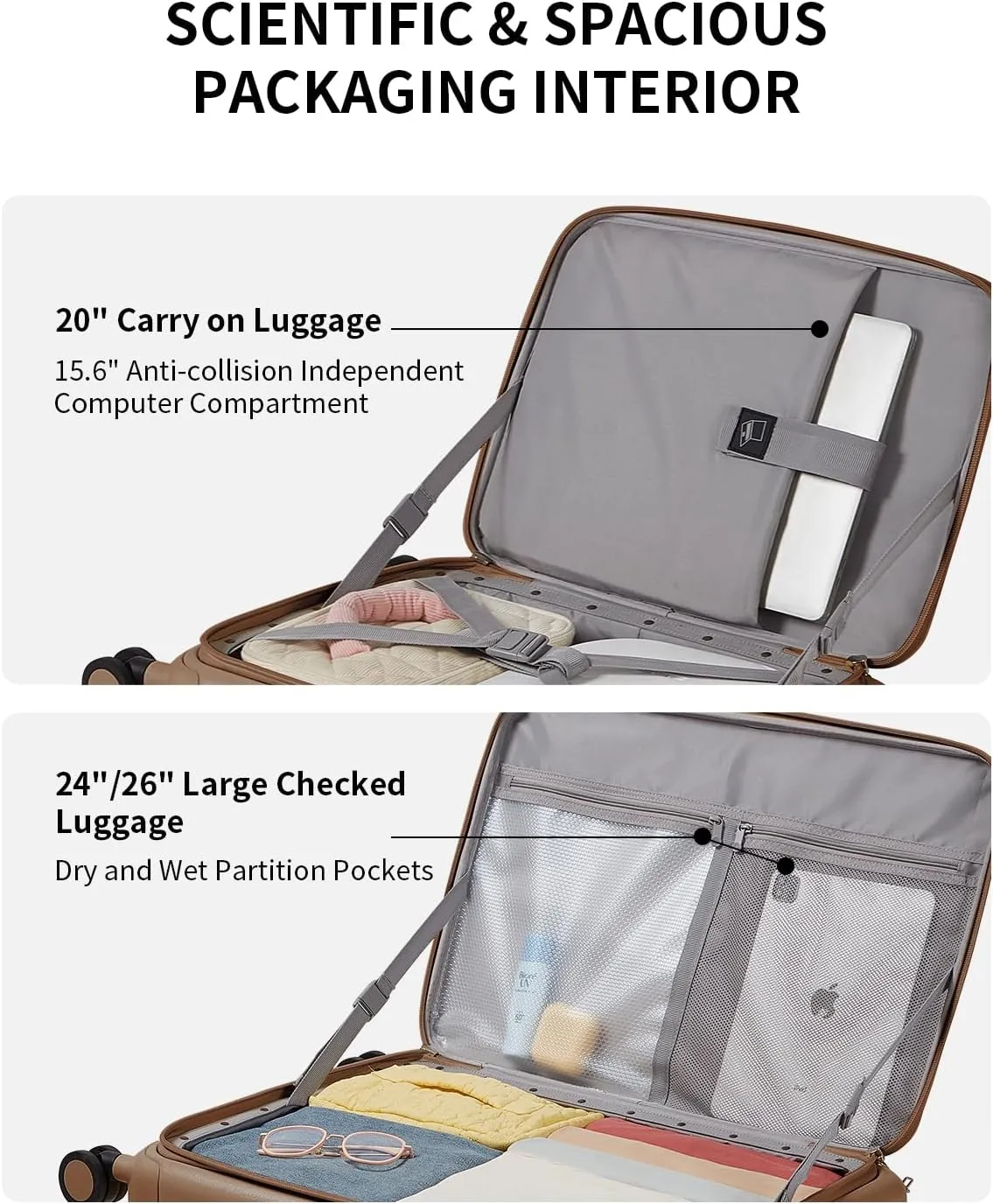 Expandable Top Opening 26 Inch Checked Luggage with Spinner Wheels, Large Suitcase with TSA Lock, Hard Shell Travel luggage Suitcases for Men Women, for 20 Days Travel, Chocolate Brown