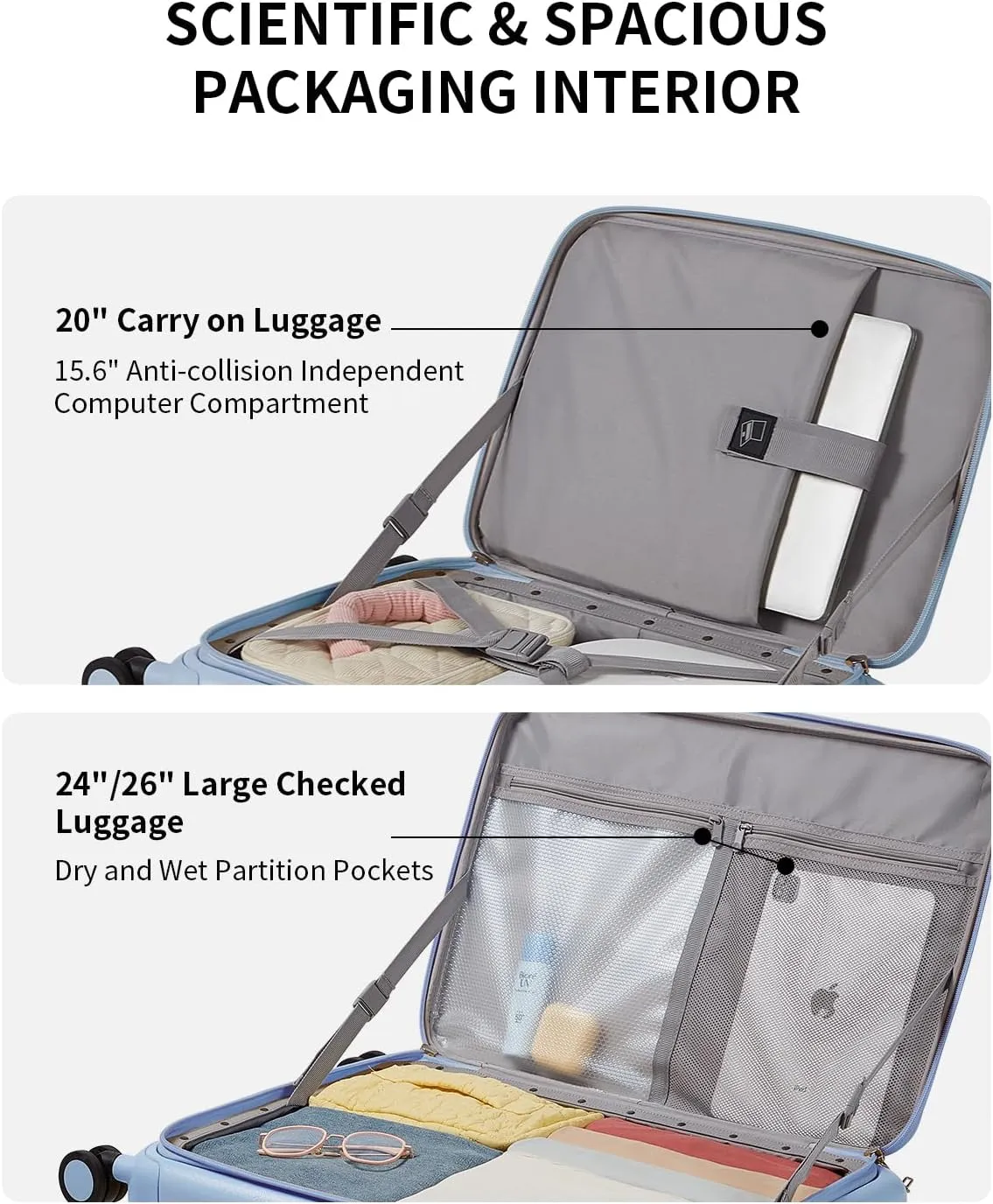 Expandable Top Opening Carry On Luggage Airline Approved, 20 Inch Lightweight Hardside Carry On Suitcase with Spinner Wheels, Travel Luggage for Women Men, Blueberry Blue