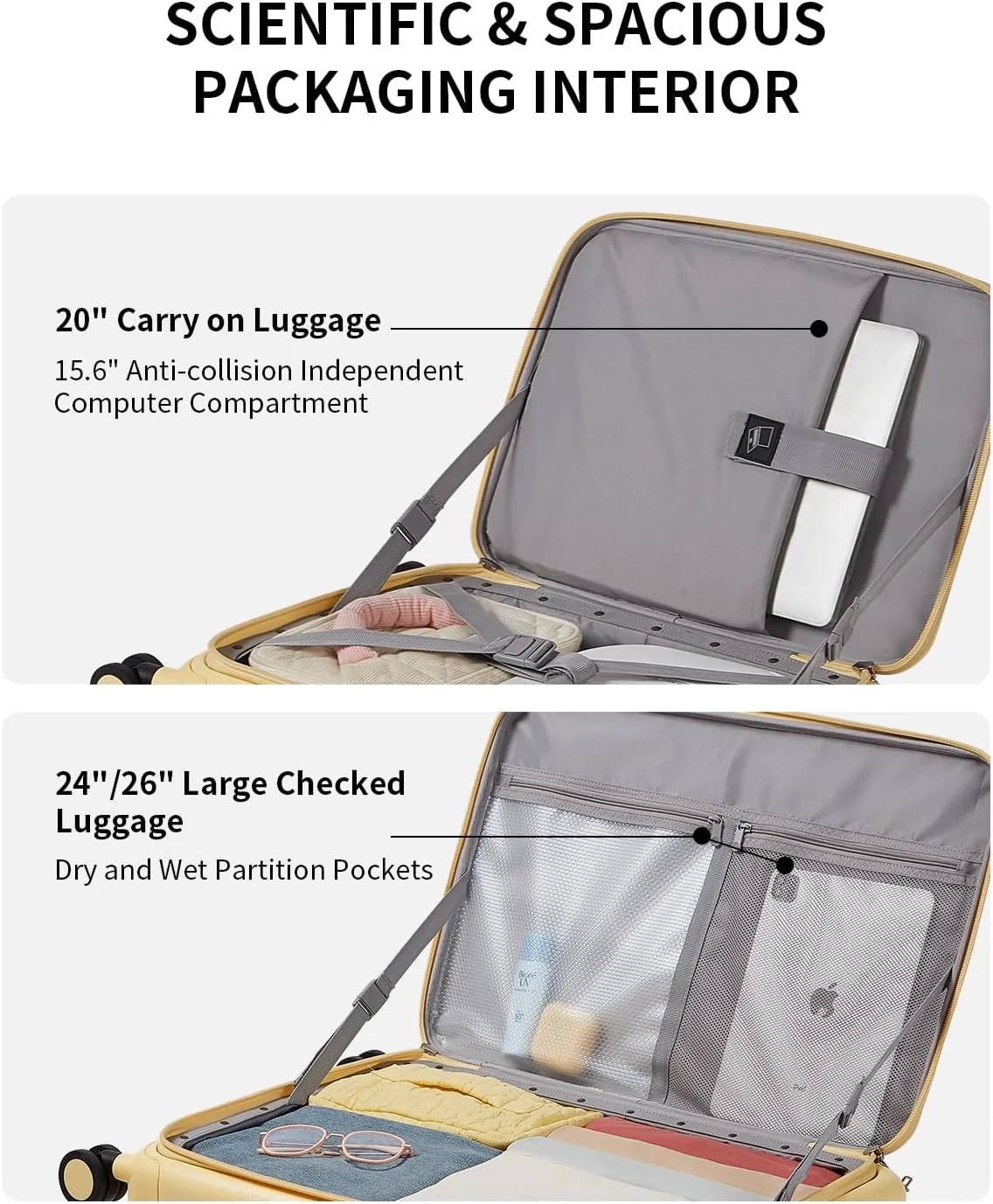 Expandable Top Opening Carry On Luggage Airline Approved, 20 Inch Lightweight Hardside Carry On Suitcase with Spinner Wheels, Travel Luggage for Women Men, Cheese Yellow