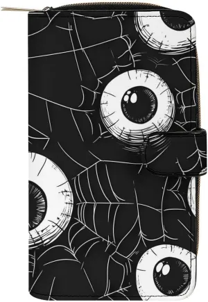 Eyeball on Spider Web Leather Wallets for Men Women Zipped Clutch Purse Travel Handbag Card Case Wallet