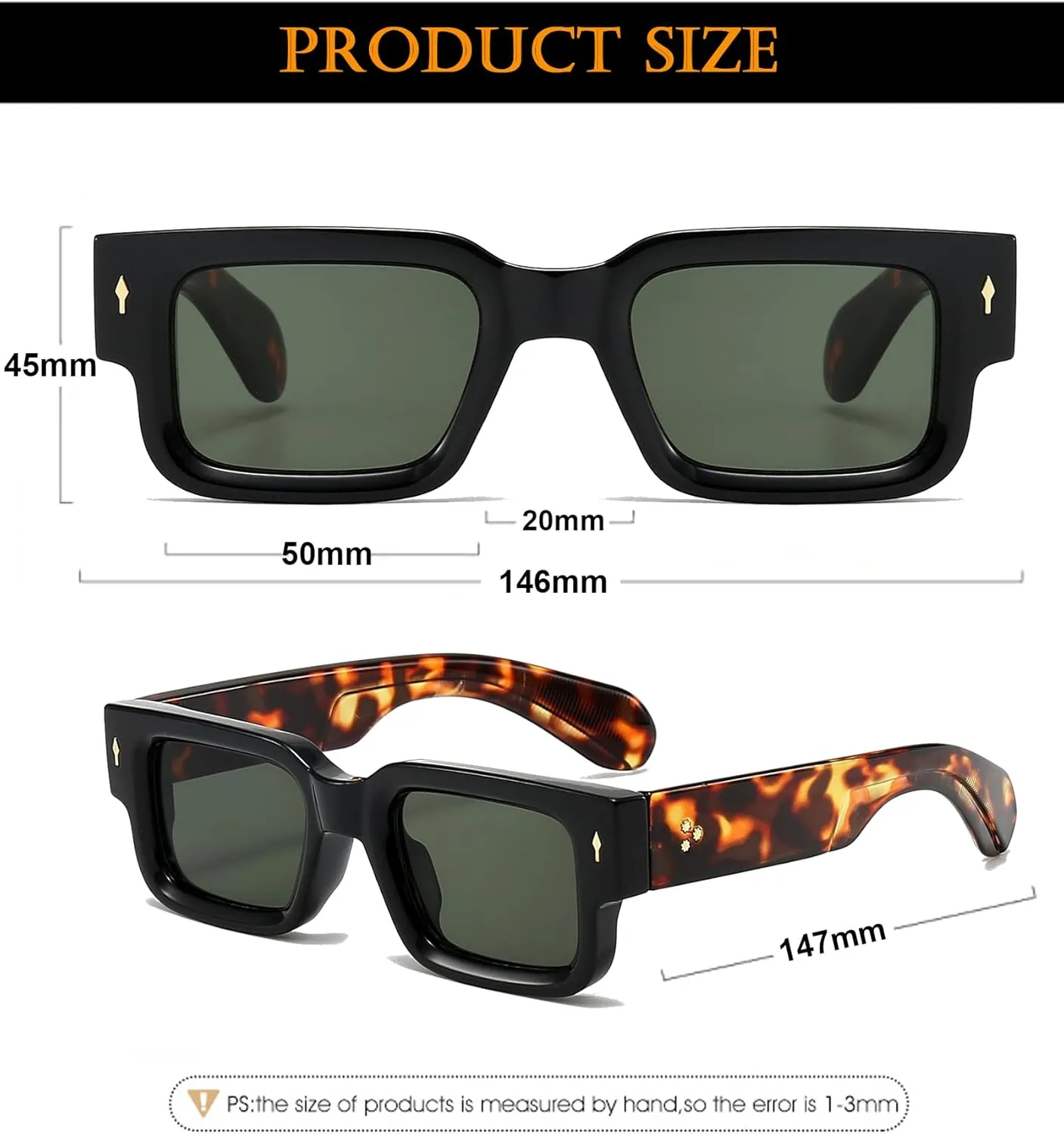 EYLRIM Thick Frame Square Sunglasses for Women Men Chunky Rectangle Sun Glasses Black Shades UV400 Protection