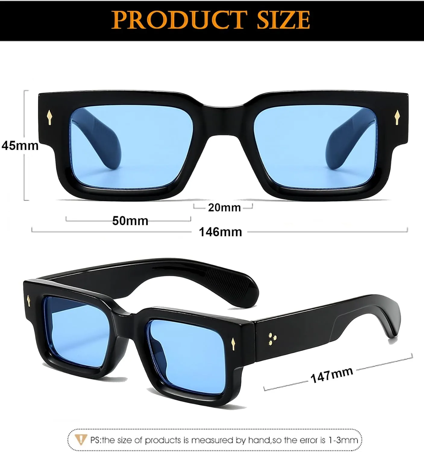 EYLRIM Thick Frame Square Sunglasses for Women Men Chunky Rectangle Sun Glasses Black Shades UV400 Protection