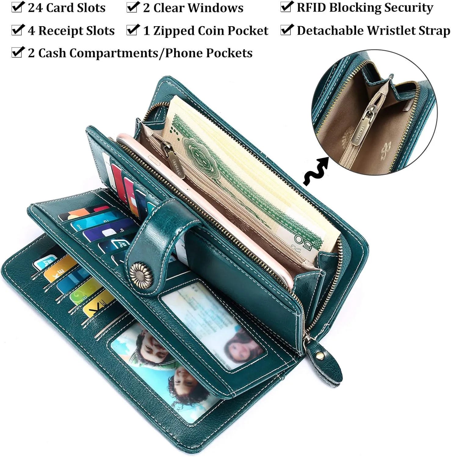 FALAN MULE Women Genuine Leather Wallet Large Capacity Bifold RFID Blocking Card Holder with Zipper Coin Pocket