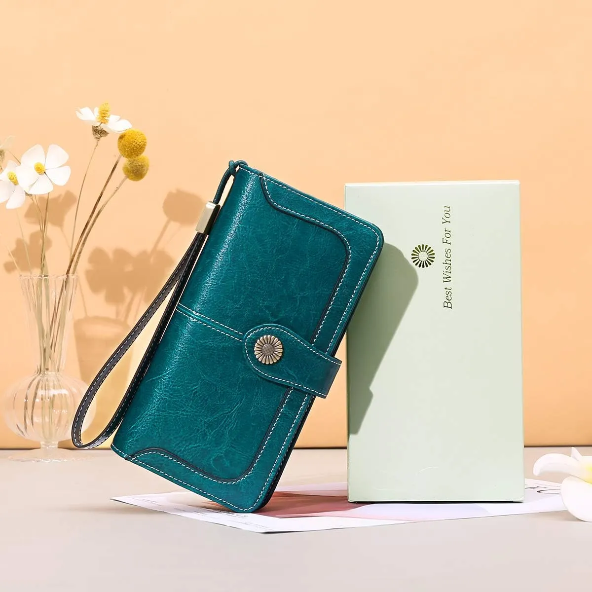 FALAN MULE Women Genuine Leather Wallet Large Capacity Bifold RFID Blocking Card Holder with Zipper Coin Pocket