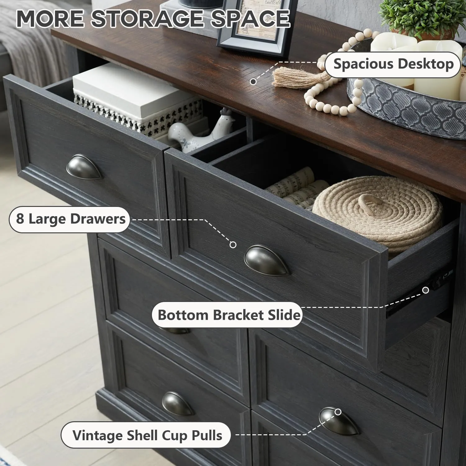 Farmhouse 8 Drawer Dresser for Bedroom, 39" Tall Dressers & Chests of Drawers, 42" Wide Dressers Organizer Storage, Wood Rustic Bedroom Dresser for Closet, Living Room, Hallway, Dark Grey