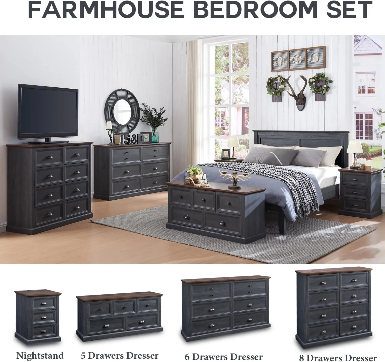 Farmhouse 8 Drawer Dresser for Bedroom, 39" Tall Dressers & Chests of Drawers, 42" Wide Dressers Organizer Storage, Wood Rustic Bedroom Dresser for Closet, Living Room, Hallway, Dark Grey