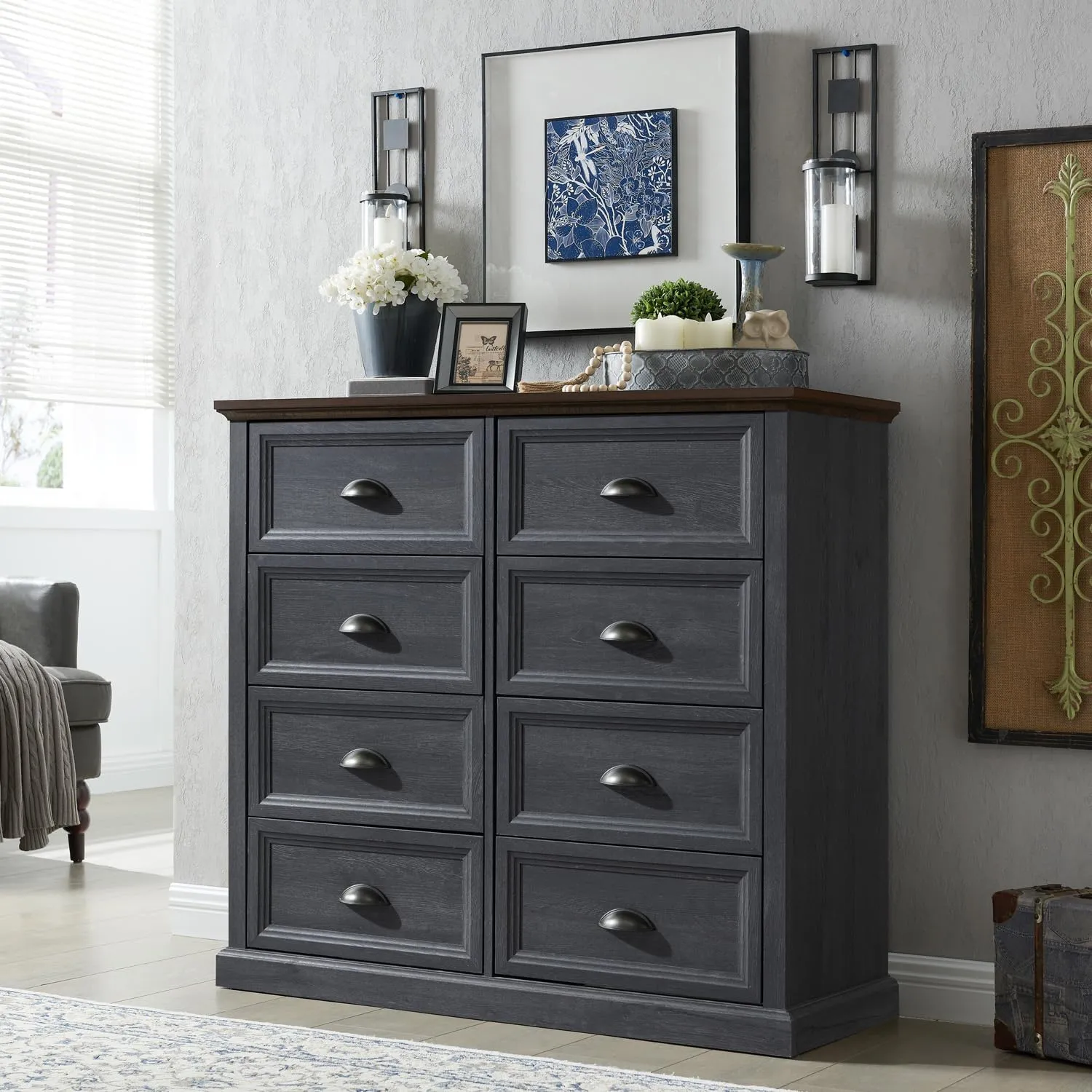 Farmhouse 8 Drawer Dresser for Bedroom, 39" Tall Dressers & Chests of Drawers, 42" Wide Dressers Organizer Storage, Wood Rustic Bedroom Dresser for Closet, Living Room, Hallway, Dark Grey