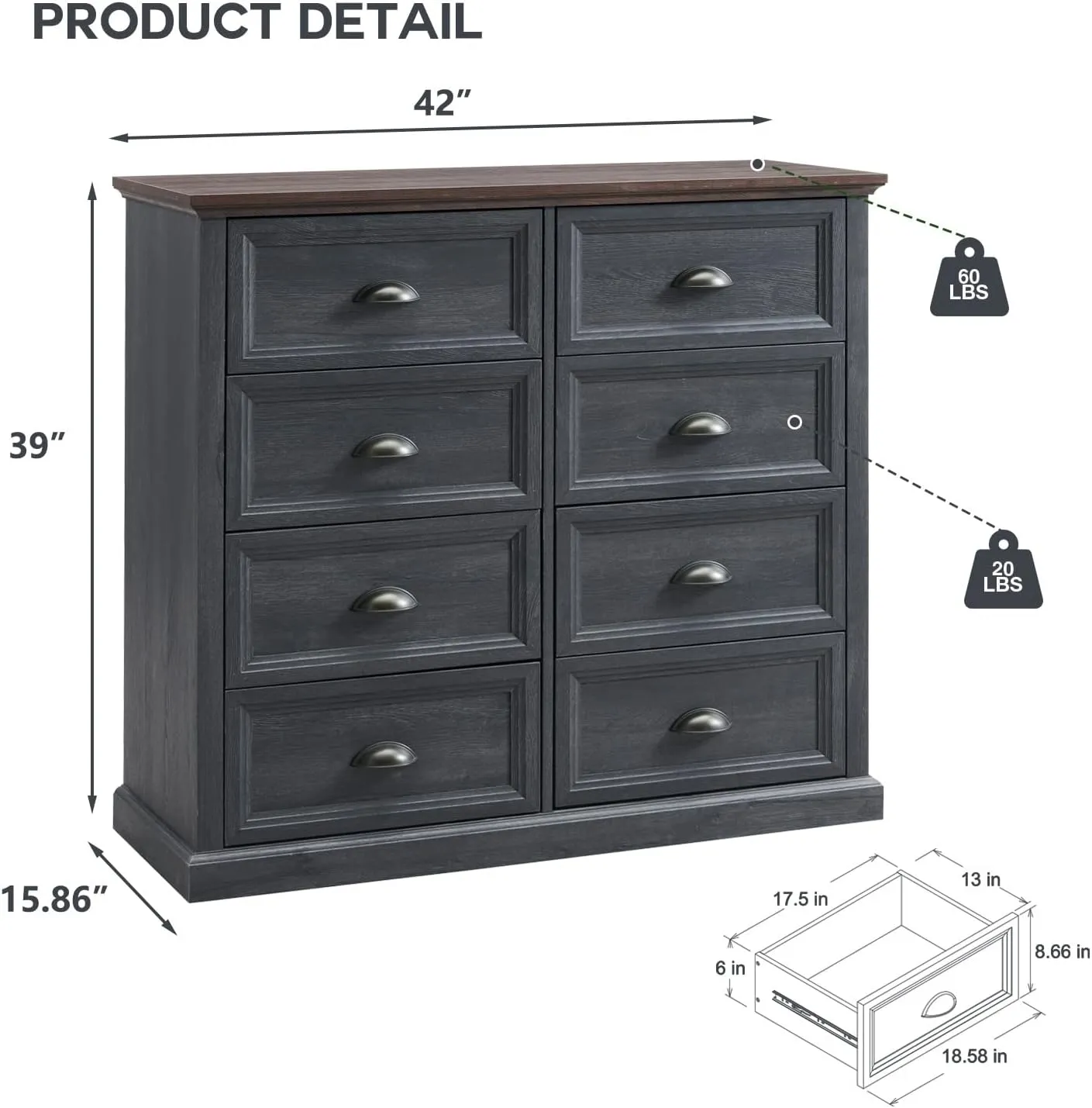 Farmhouse 8 Drawer Dresser for Bedroom, 39" Tall Dressers & Chests of Drawers, 42" Wide Dressers Organizer Storage, Wood Rustic Bedroom Dresser for Closet, Living Room, Hallway, Dark Grey